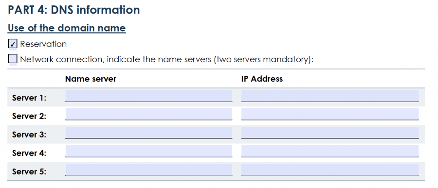 Reserve a domain name in the form